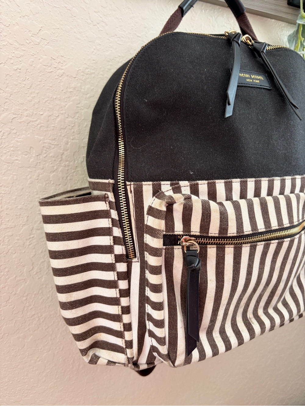 Henri Bendel Brown Stripe Backpack, Travel Backpack, Structurally Excellent - Picture 3 of 13